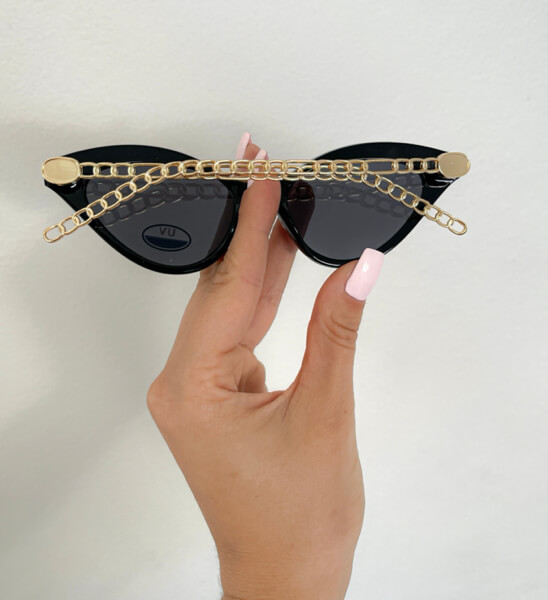 Okulary Przeciwsłoneczne Czarne Kocie Oko Łańcuch