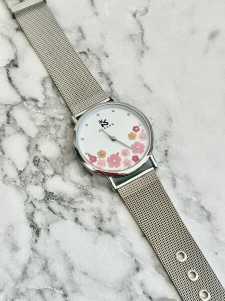 Zegarek srebrny kurren okrągła tarcza w kwiaty