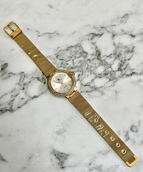 Elegancki damski złoty zegarek okrągła tarcza cyrkonie KURREN