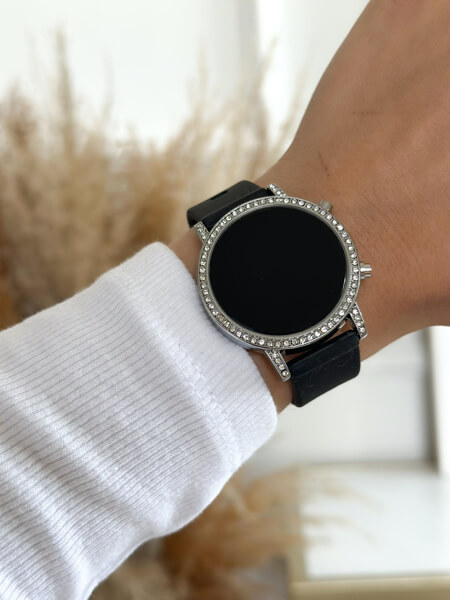 Zegarek na pasku silikonowym led okrągła tarcza czarny cyrkonie